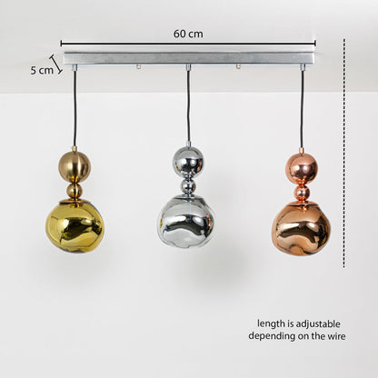 Adjustable metallic pendant trio with gold silver and copper sculpted shades shown with a clear hanging height guide for accurate visual reference.