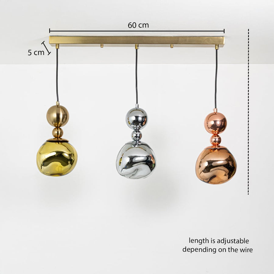 Triple metallic globe pendant light dimension image with adjustable length and 60 cm canopy for luxury dining placement.