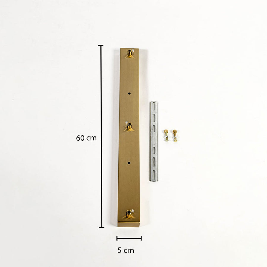 Gold metal ceiling mounting plate dimension image with 5 cm width and 60 cm length for pendant light installation.