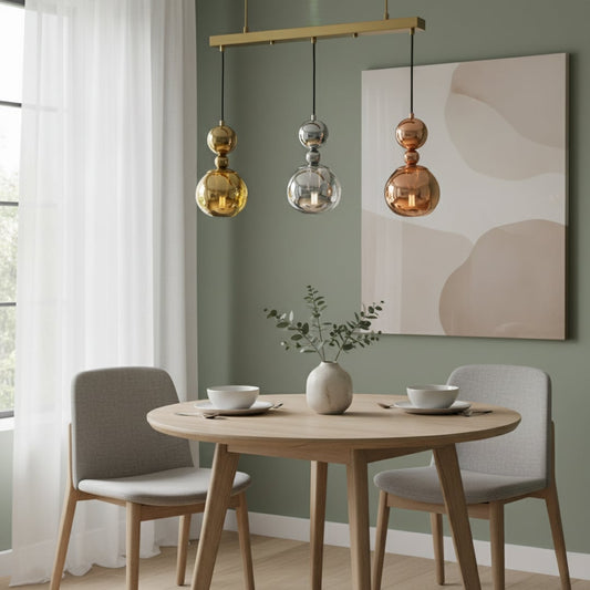 Modern gold chrome and copper pendant lights hanging in a bright contemporary room adding artistic metallic accents and creating a stylish decorative ambiance for home interiors.