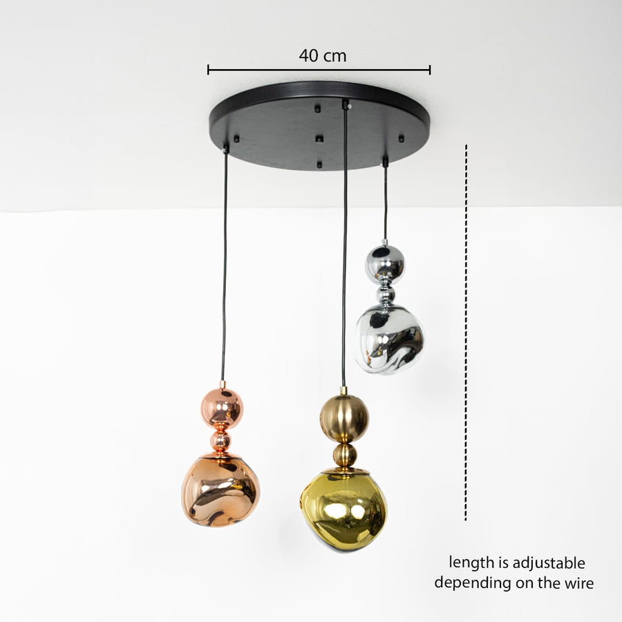 Triple metallic globe pendant light dimension image with adjustable length and 40 cm canopy for luxury dining placement.