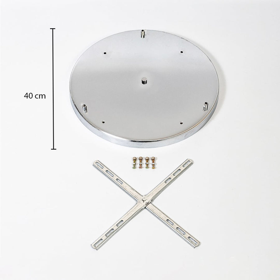 Round silver canopy measuring 40 cm shown with metallic pendant lights providing clear installation dimensions for contemporary interiors.