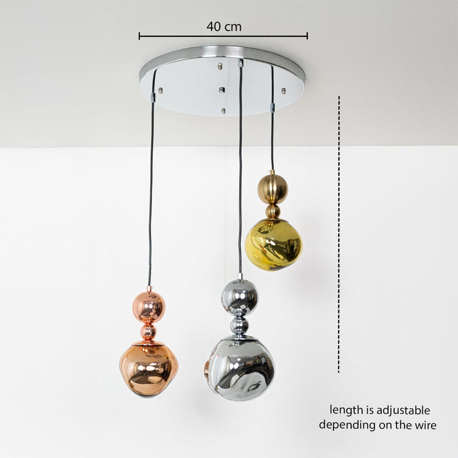 Gold chrome and copper pendant lights with adjustable wire length shown with accurate measurement details for perfect placement.