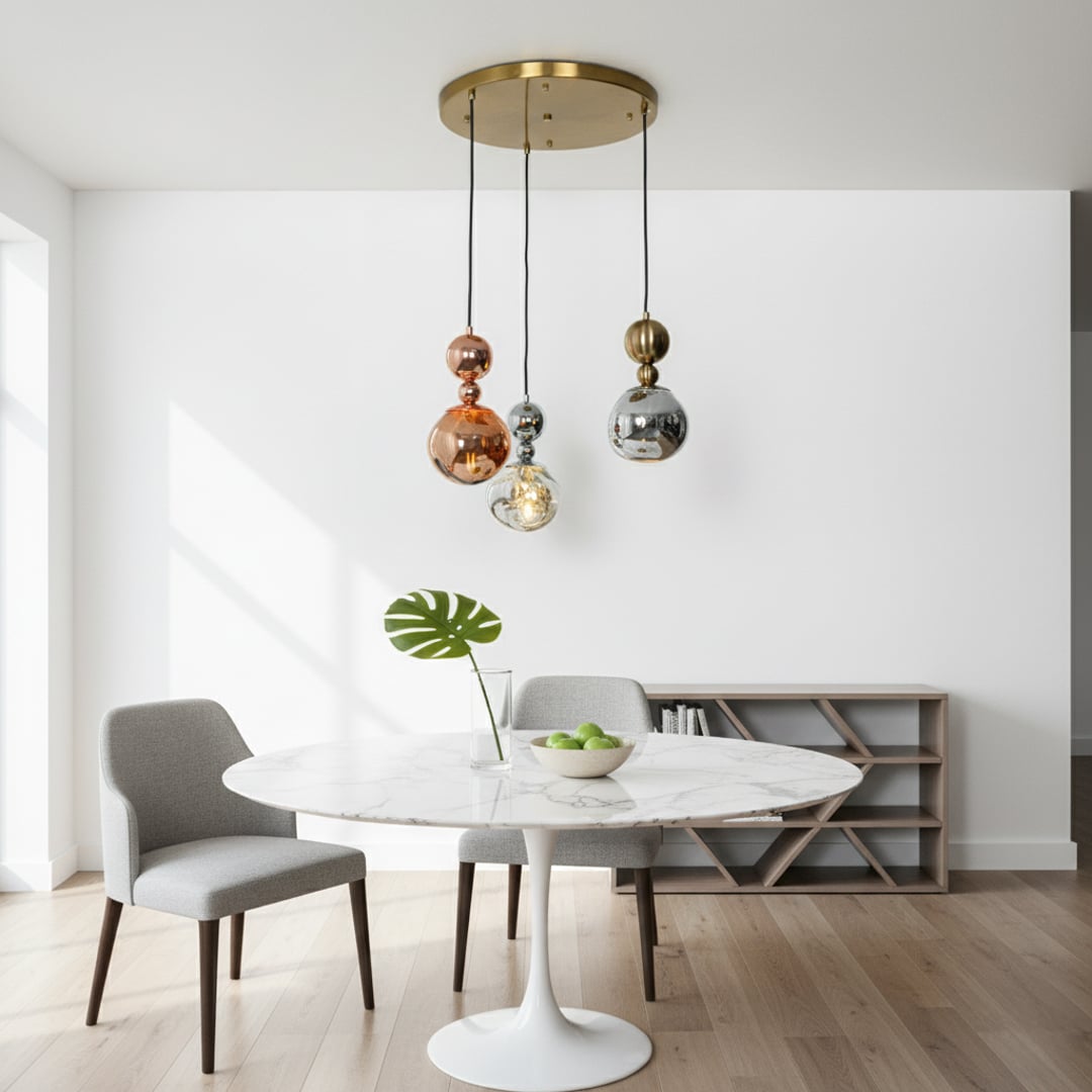Gold chrome and copper cluster pendant lights hanging in a modern room adding a stylish decorative touch to contemporary interiors.
