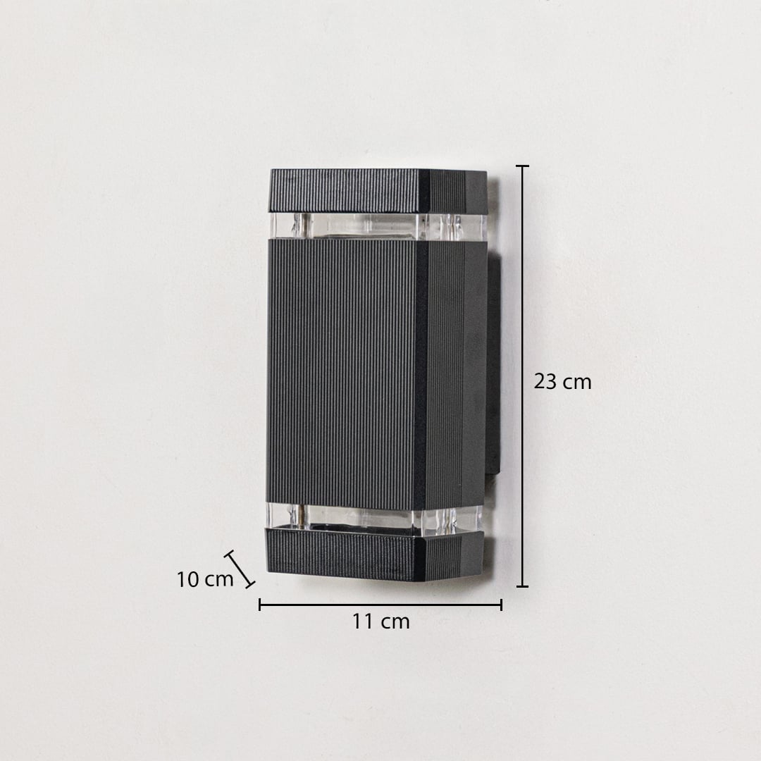 Rectangular black wall light dimension image showing 23 cm height and 11 cm width with minimalist build.