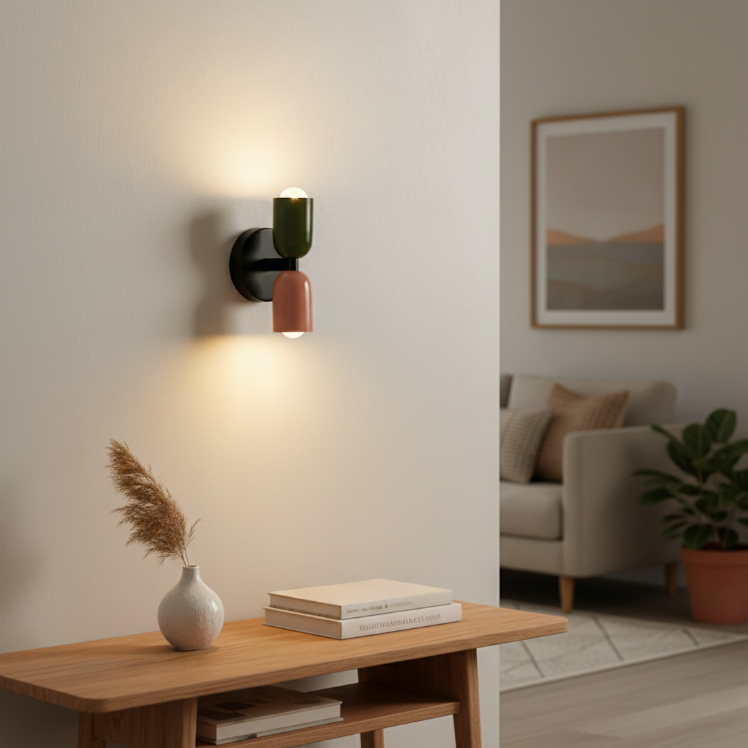 Contemporary multicolor wall light creating warm ambient lighting in stylish modern living room decor.