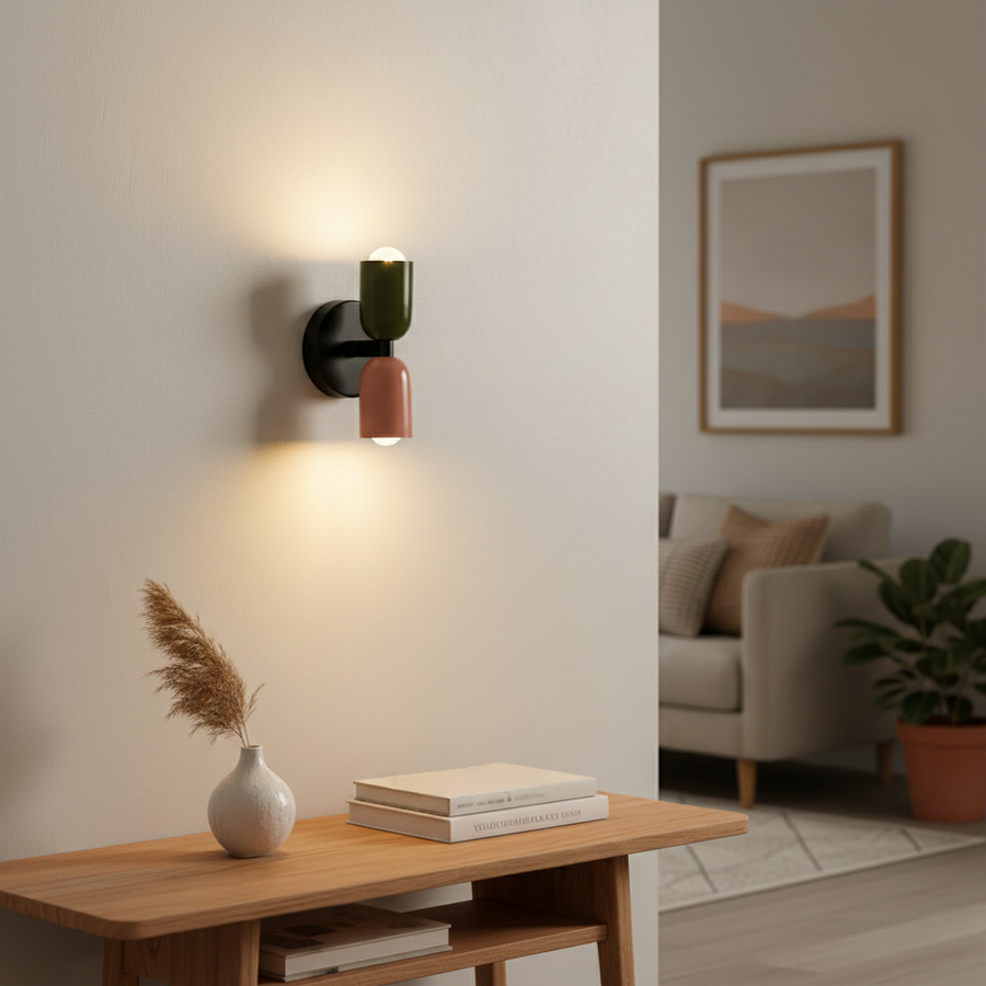 Contemporary multicolor wall light creating warm ambient lighting in stylish modern living room decor.