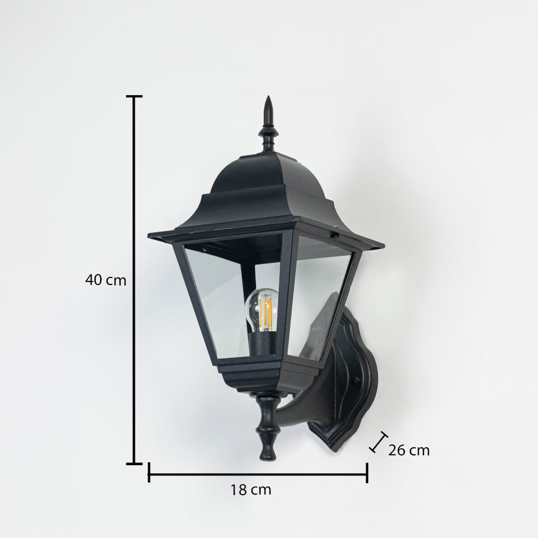 Black wall-mounted outdoor lantern measuring 40 cm height and 26 cm depth featuring elegant shape and transparent glass design.