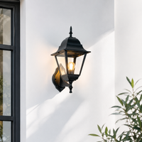 Traditional black aluminum pointed top cage glass wall lantern sconce on white exterior facade next to house window decor.