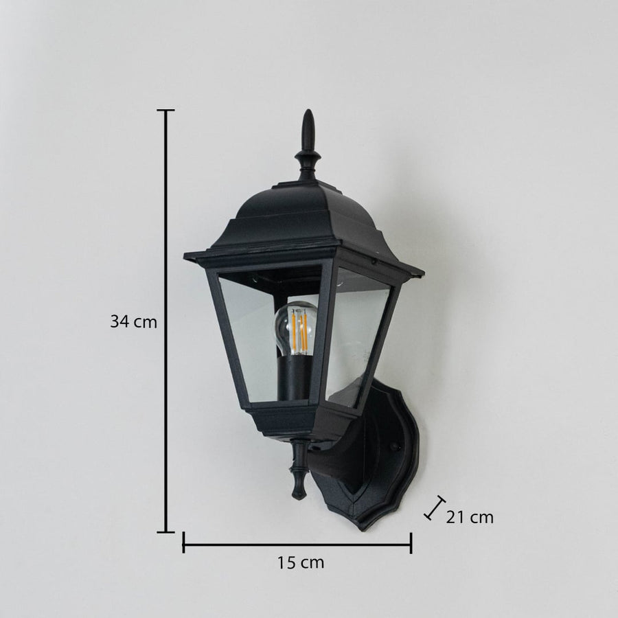 Outdoor wall lantern dimension image showing 34 cm height 21 cm depth and 15 cm width ideal for exterior lighting décor.