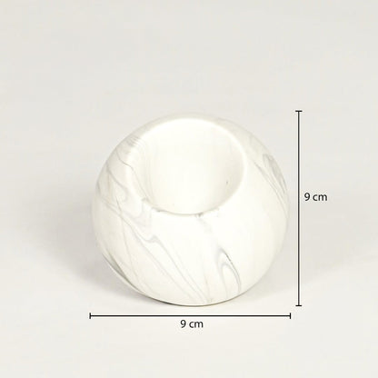 White marble ceramic round vase showing 9 cm height and 9 cm width clearly for accurate tabletop decor sizing.
