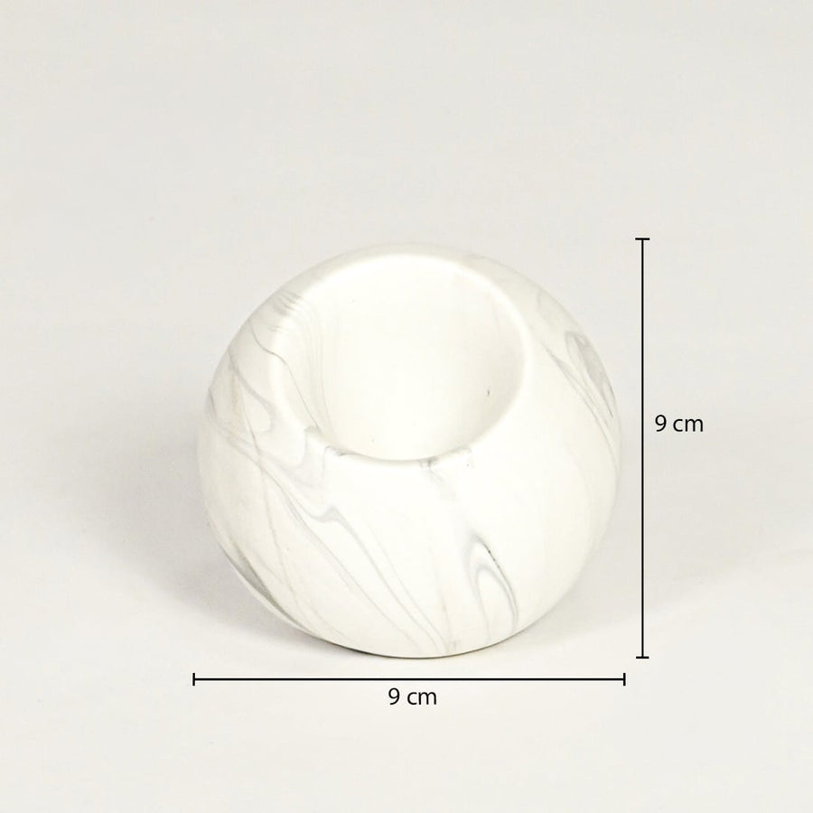 White marble ceramic round vase showing 9 cm height and 9 cm width clearly for accurate tabletop decor sizing.