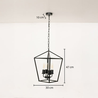 Black metal pendant light with clear glass bulbs shown with precise measurements of 30 cm width 47 cm height and 10 cm ceiling plate for accurate placement.