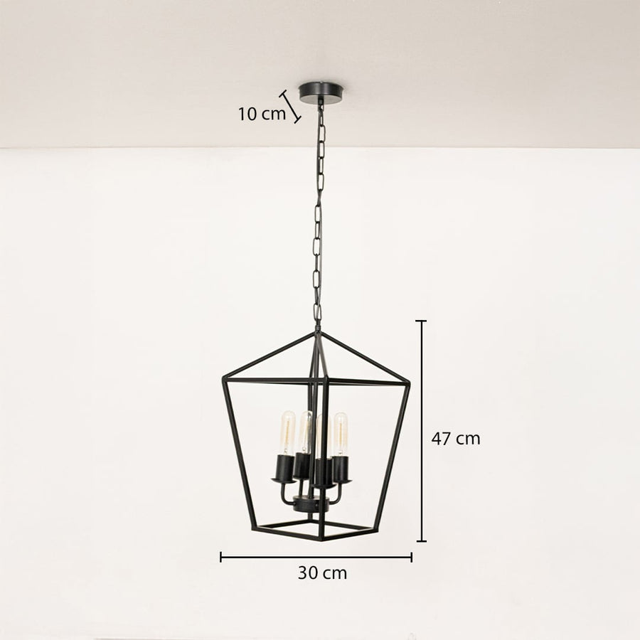 Black metal pendant light with clear glass bulbs shown with precise measurements of 30 cm width 47 cm height and 10 cm ceiling plate for accurate placement.