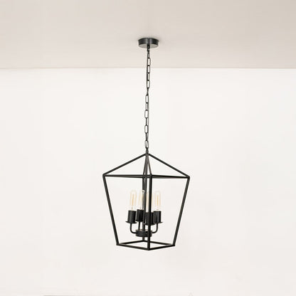 Black metal pendant light with clear glass bulbs displayed with lights off on a clean white background showcasing its sleek geometric frame.