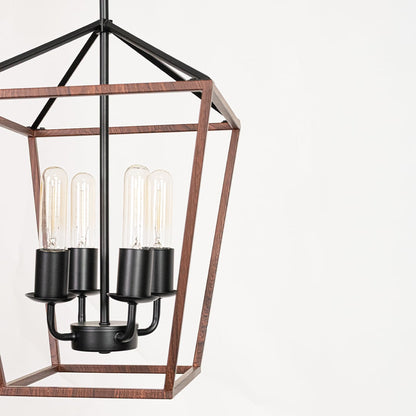 Closeup of black and wood pendant light showcasing the clear bulbs and geometric frame detailing for stylish modern dining room lighting decor.