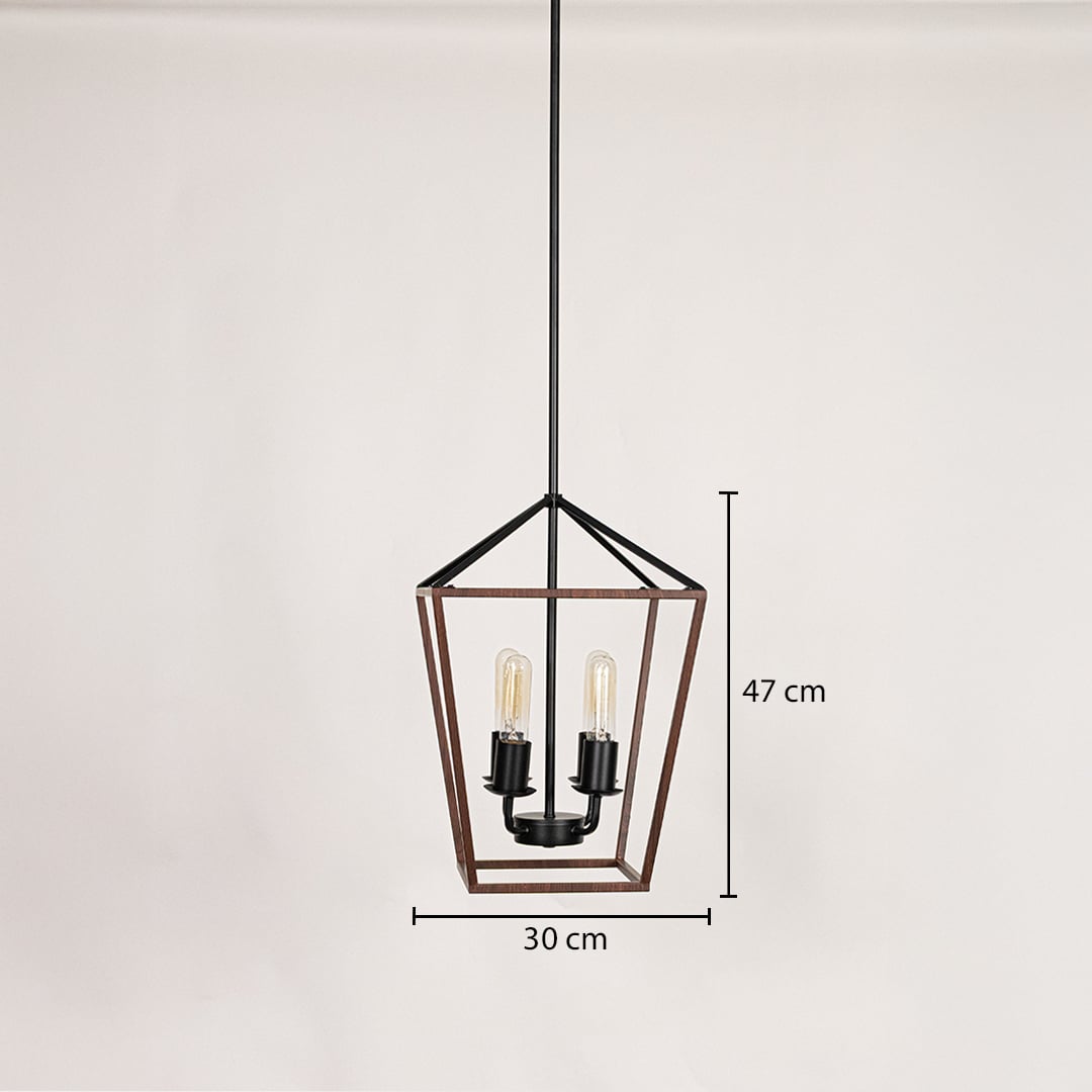 Black and wood pendant light shown with precise measurements of 30 cm width and 47 cm height for accurate ceiling placement and interior planning.