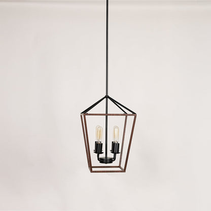 Black and wood pendant light with two clear glass bulbs displayed with lights off on a clean white background showcasing its modern geometric frame.
