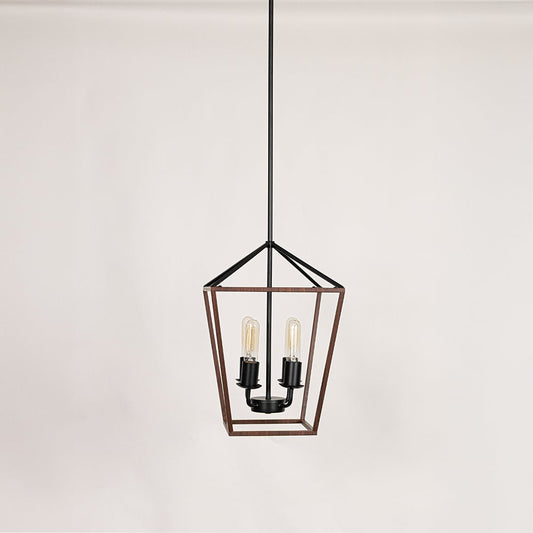 Black and wood pendant light with two clear glass bulbs displayed with lights off on a clean white background showcasing its modern geometric frame.