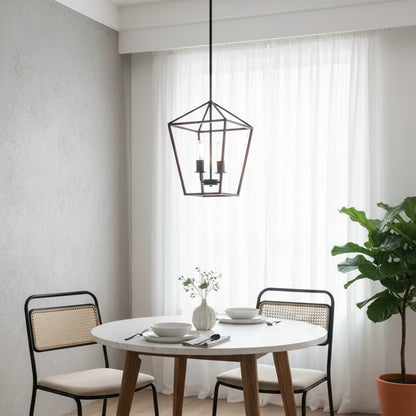 Modern black and wood pendant light with two clear bulbs hanging above a white dining table creating a bright warm and natural home interior look.