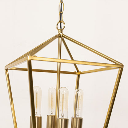 Closeup view of gold metal pendant light focusing on its clear bulbs and modern geometric frame crafted for upscale interior lighting.