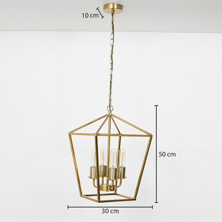 Gold metal pendant light shown with accurate measurements of 30 cm width 50 cm height and 10 cm ceiling plate height for perfect installation planning.