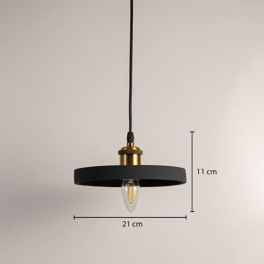 Dimension image of matte black metal pendant light with open design showing 11 cm height and 21 cm width.