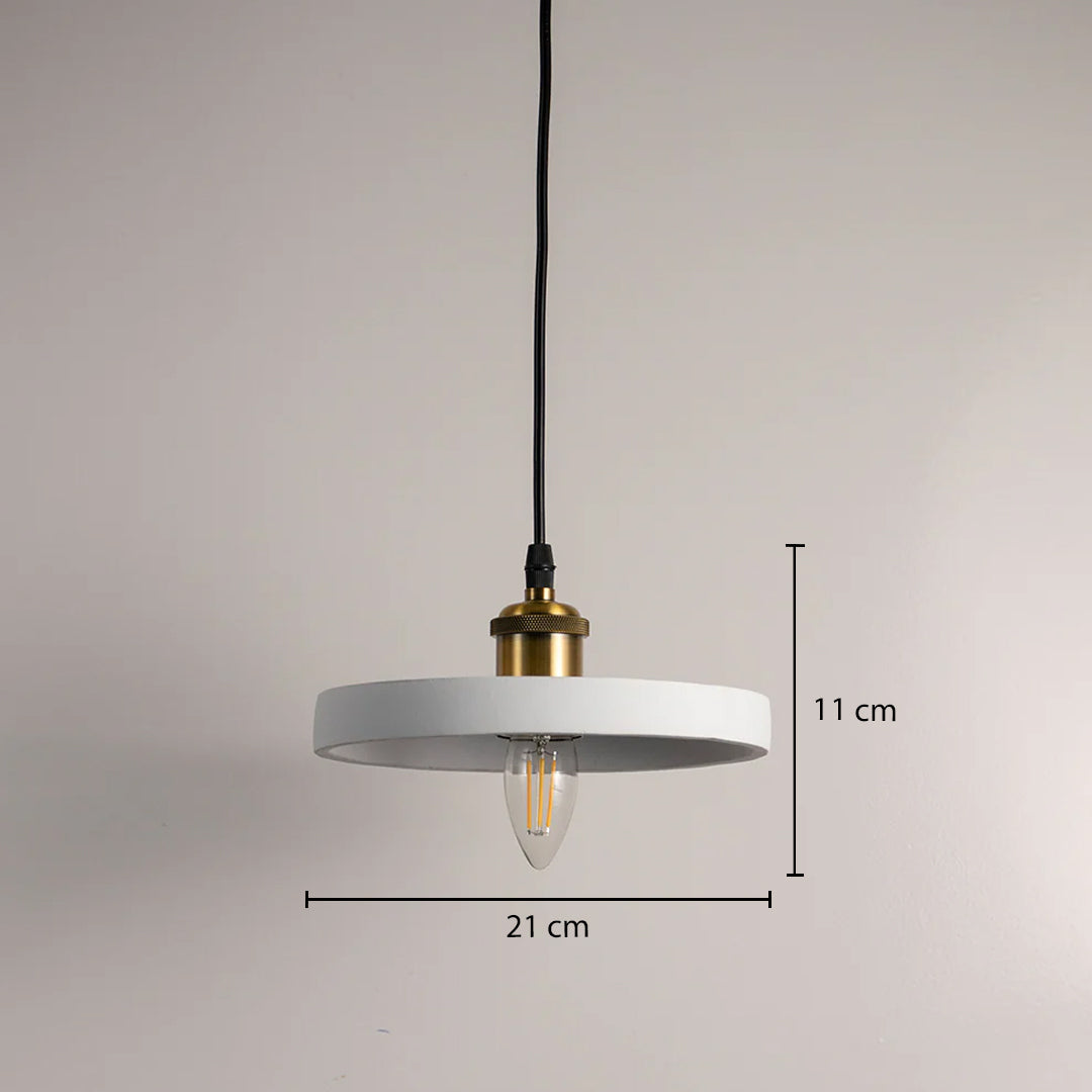 Dimension image of matte white metal pendant light with open design showing 11 cm height and 21 cm width.