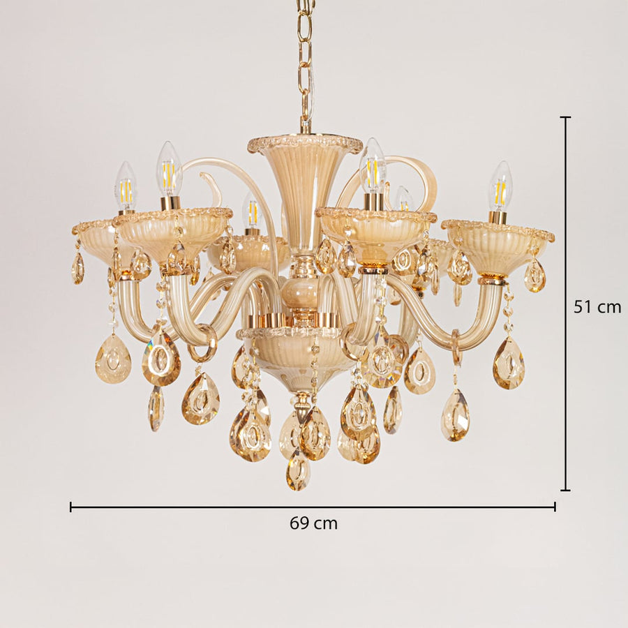 Golden glass crystal chandelier sized 51 cm height and 69 cm width ideal for elegant living room or dining room ceiling lighting.