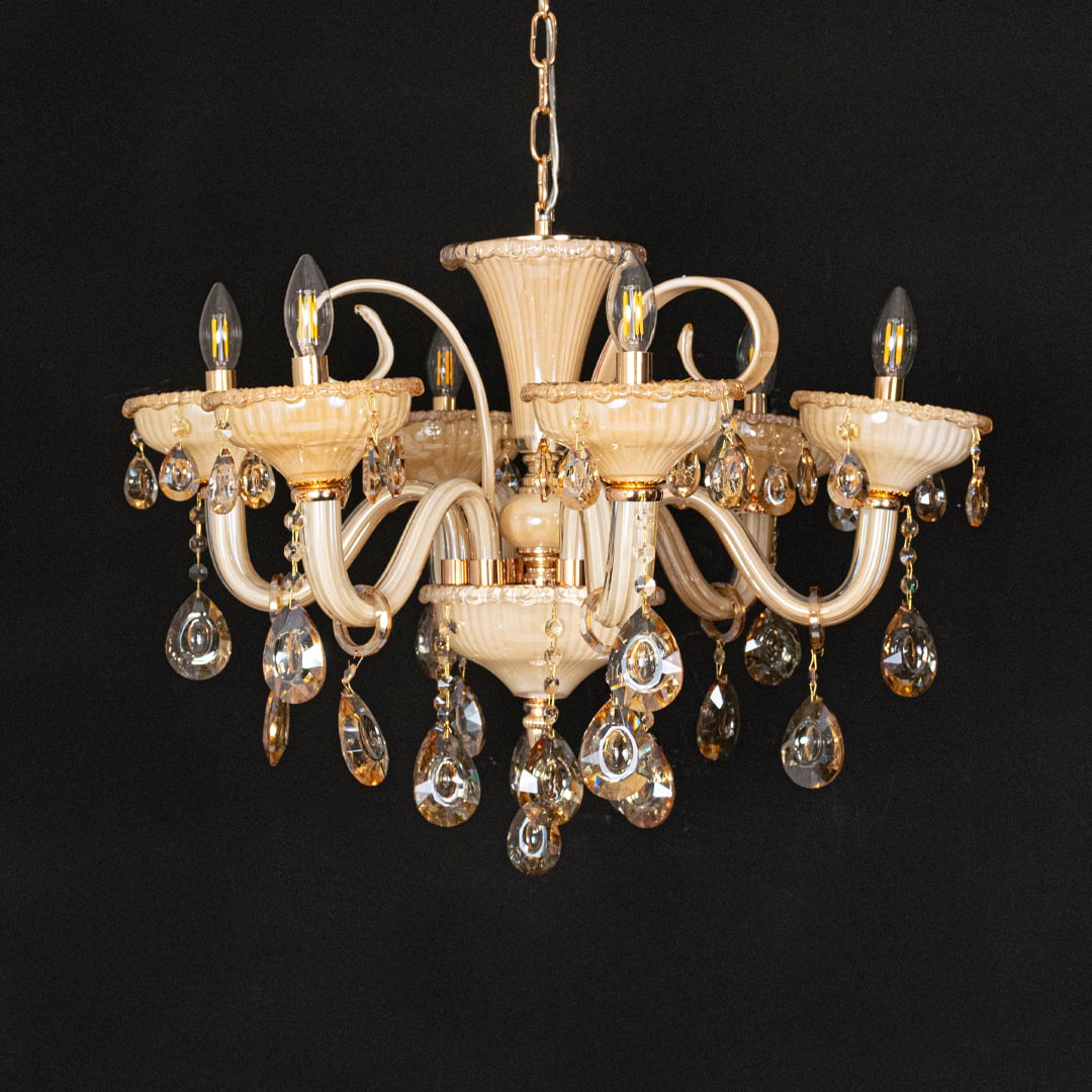 Golden glass crystal chandelier shown on black background highlighting warm elegant detailing for premium ceiling decor.