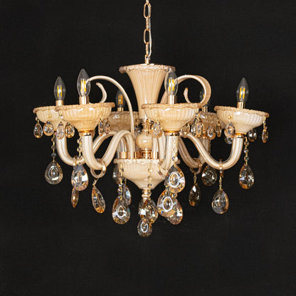 Golden glass crystal chandelier shown on black background highlighting warm elegant detailing for premium ceiling decor.