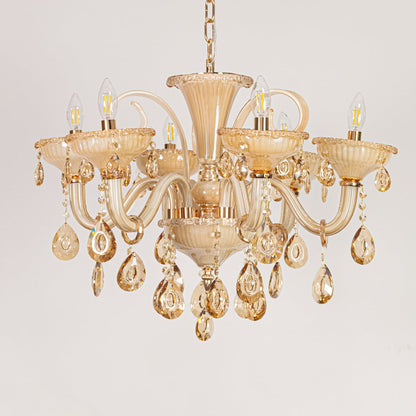 Golden glass crystal chandelier displayed on white background ideal for classic warm interior ceiling styling.