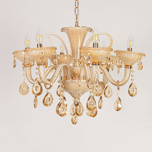 Golden glass crystal chandelier displayed on white background ideal for classic warm interior ceiling styling.