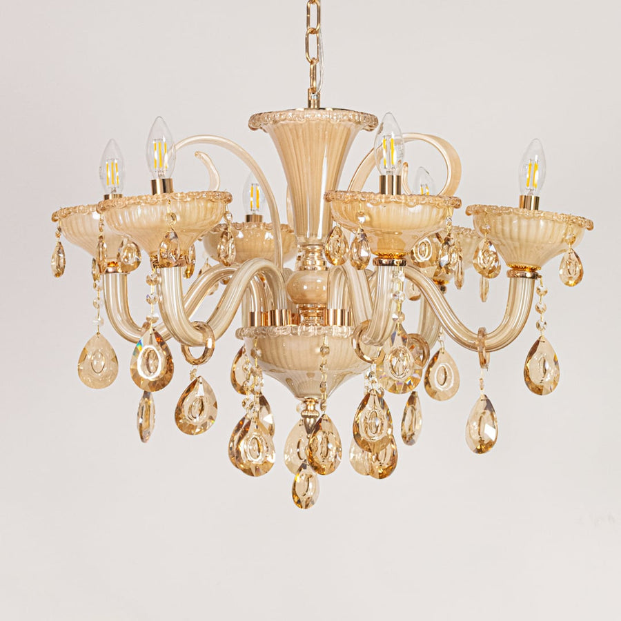 Golden glass crystal chandelier displayed on white background ideal for classic warm interior ceiling styling.