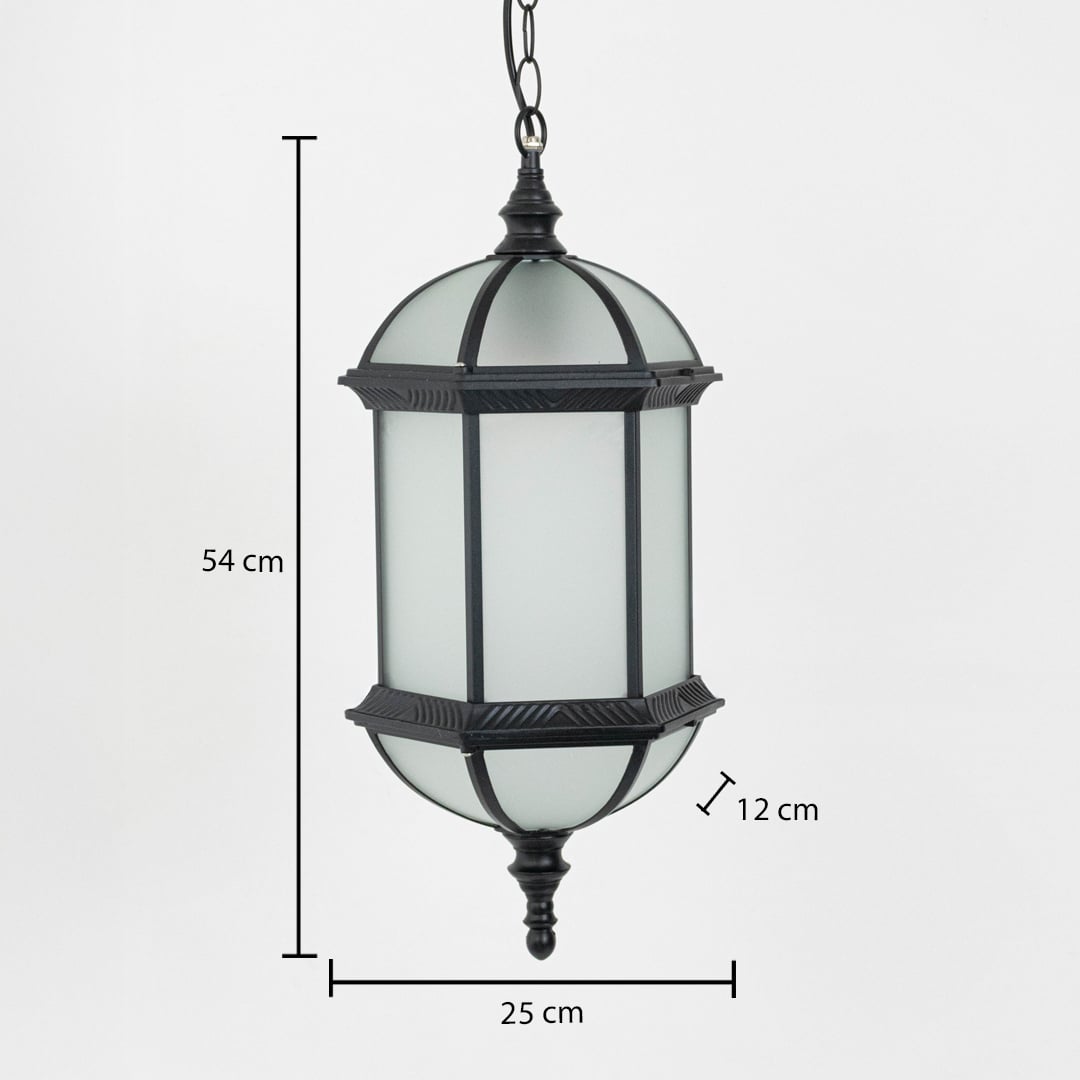 Outdoor hanging lantern in black metal with frosted glass porch lighting showing 54 cm height 25 cm width and 12 cm depth.