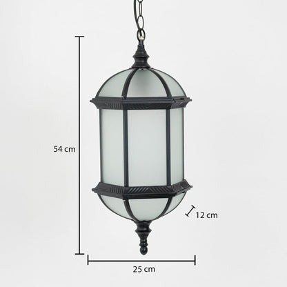 Outdoor hanging lantern in black metal with frosted glass porch lighting showing 54 cm height 25 cm width and 12 cm depth.
