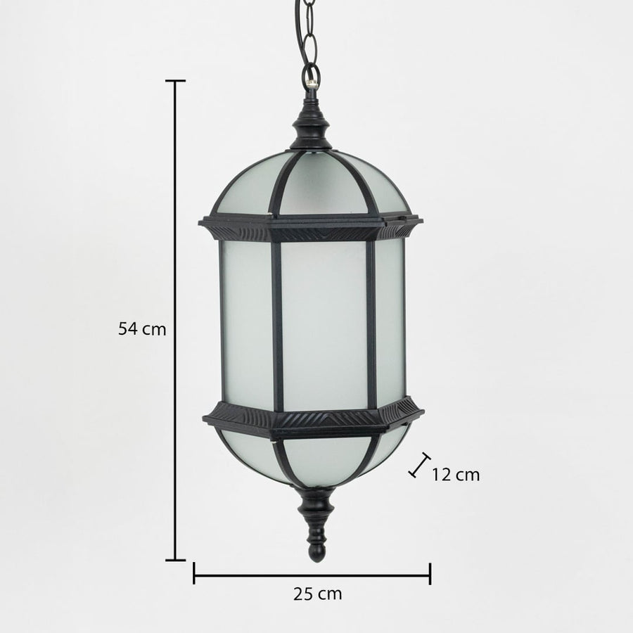 Outdoor hanging lantern in black metal with frosted glass porch lighting showing 54 cm height 25 cm width and 12 cm depth.