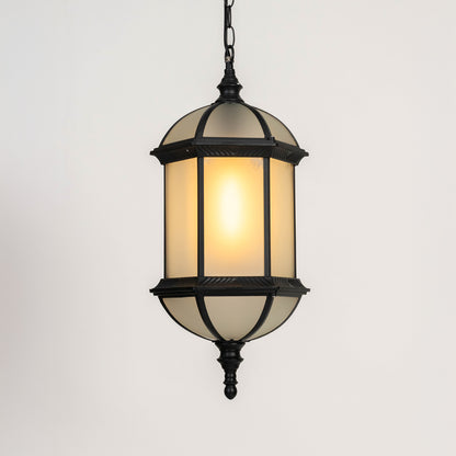 Black metal hanging outdoor lantern with frosted glass glowing on white background perfect for porch entrance and exterior lighting decor.