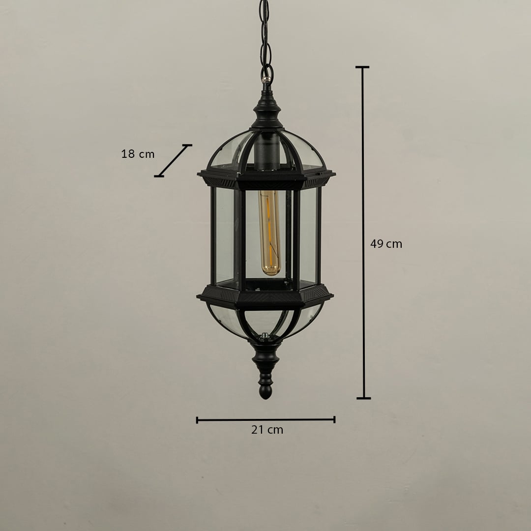 Technical diagram of black outdoor pendant light showing height 35 cm width 20 cm and depth 18 cm for installation reference.