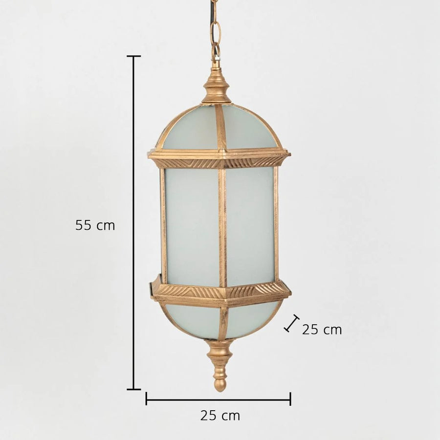 A golden hanging lantern displayed on a white background with measurements clearly marked at 55 cm height 25 cm width and 25 cm depth showing accurate product dimensions.