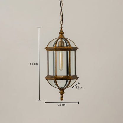 A bronze hanging lantern displayed on a white background with precise measurements of 55 cm height 25 cm width and 12 cm depth offering a clear understanding of product size.