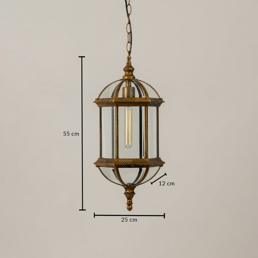 A bronze hanging lantern displayed on a white background with precise measurements of 55 cm height 25 cm width and 12 cm depth offering a clear understanding of product size.