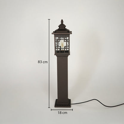 Traditional outdoor pillar lamp with dark metal finish and decorative glass housing on neutral background 83 cm height 18 cm width ideal for exterior garden lighting.

