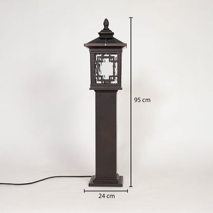 Outdoor solar pole light in black metal with glass lantern showing 95 cm height and 24 cm width for garden pathway placement.