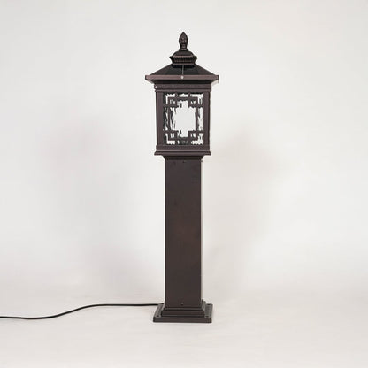 Elegant black pillar lamp post with frosted glass shade displayed off on plain white background.