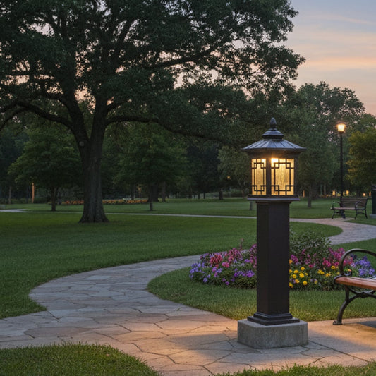 Vintage black pillar lamp post with glass panels illuminating outdoor pathway creating elegant garden ambience.
