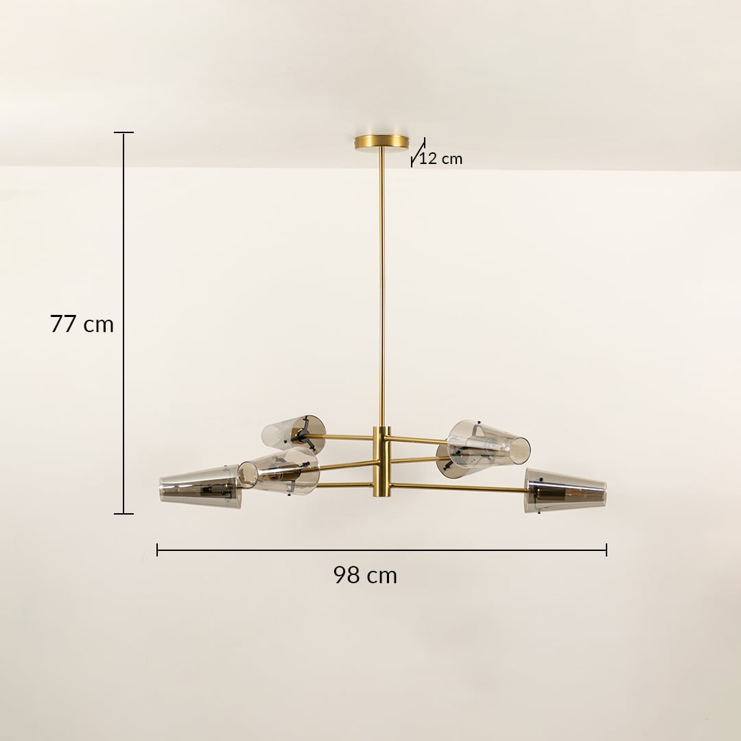 Clear glass shade chandelier with gold metal frame measuring 77 cm height and 98 cm width for modern interiors.