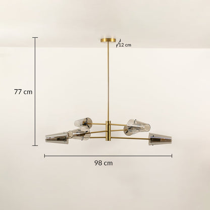 Clear glass shade chandelier with gold metal frame measuring 77 cm height and 98 cm width for modern interiors.