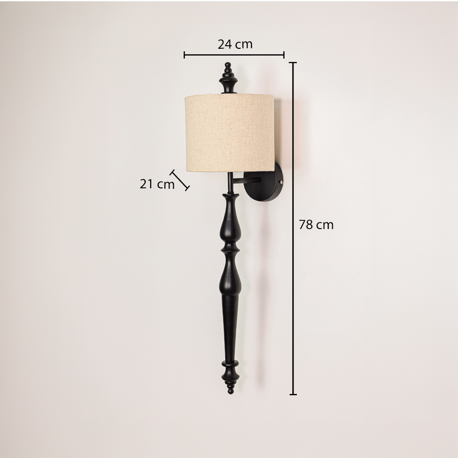 Lamp styled wall light dimensions image showing 78 cm height with 24 cm shade width and 21 cm depth highlighting the slim black metal wall light design.