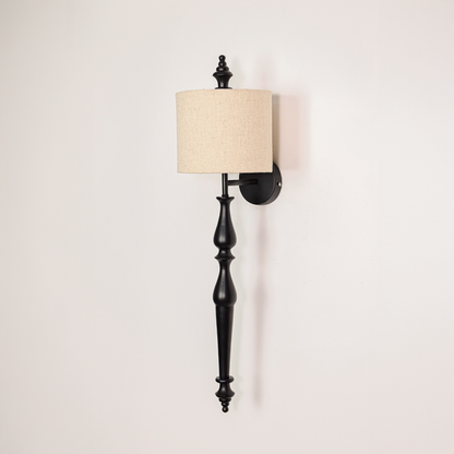 Lamp styled wall light off on white background featuring slim black metal arm with classic fabric shade for minimalist product display.